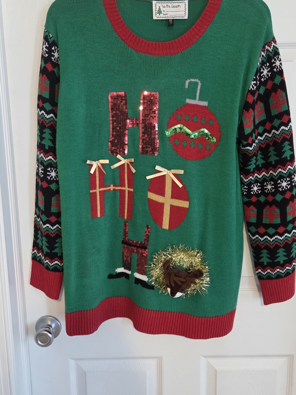 Green Holiday Crewneck Sweater with Festive Appliqués
